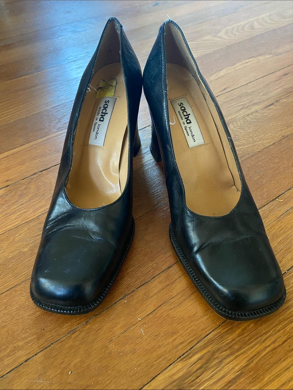 Sacha London Black Leather Square-Toe Block Heels Vintage